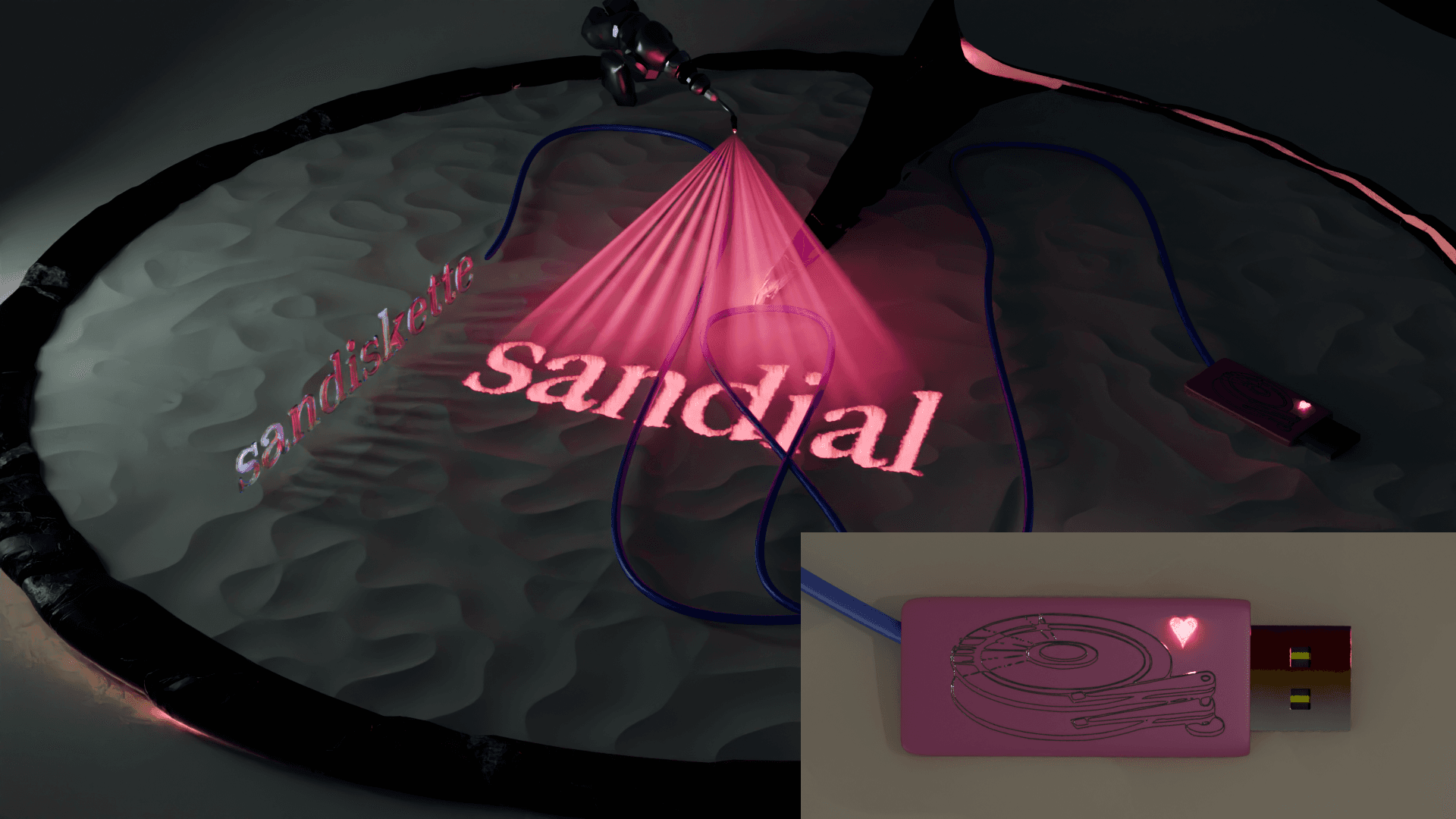 Draft cover for the EP. A 3D rendered 'Sandial' reminiscent of a sundial. Its basin is full of sand which have formed gentle dunes. Scattered in the sand are music and tech related items such as a usb stick, a lamp, a laser.