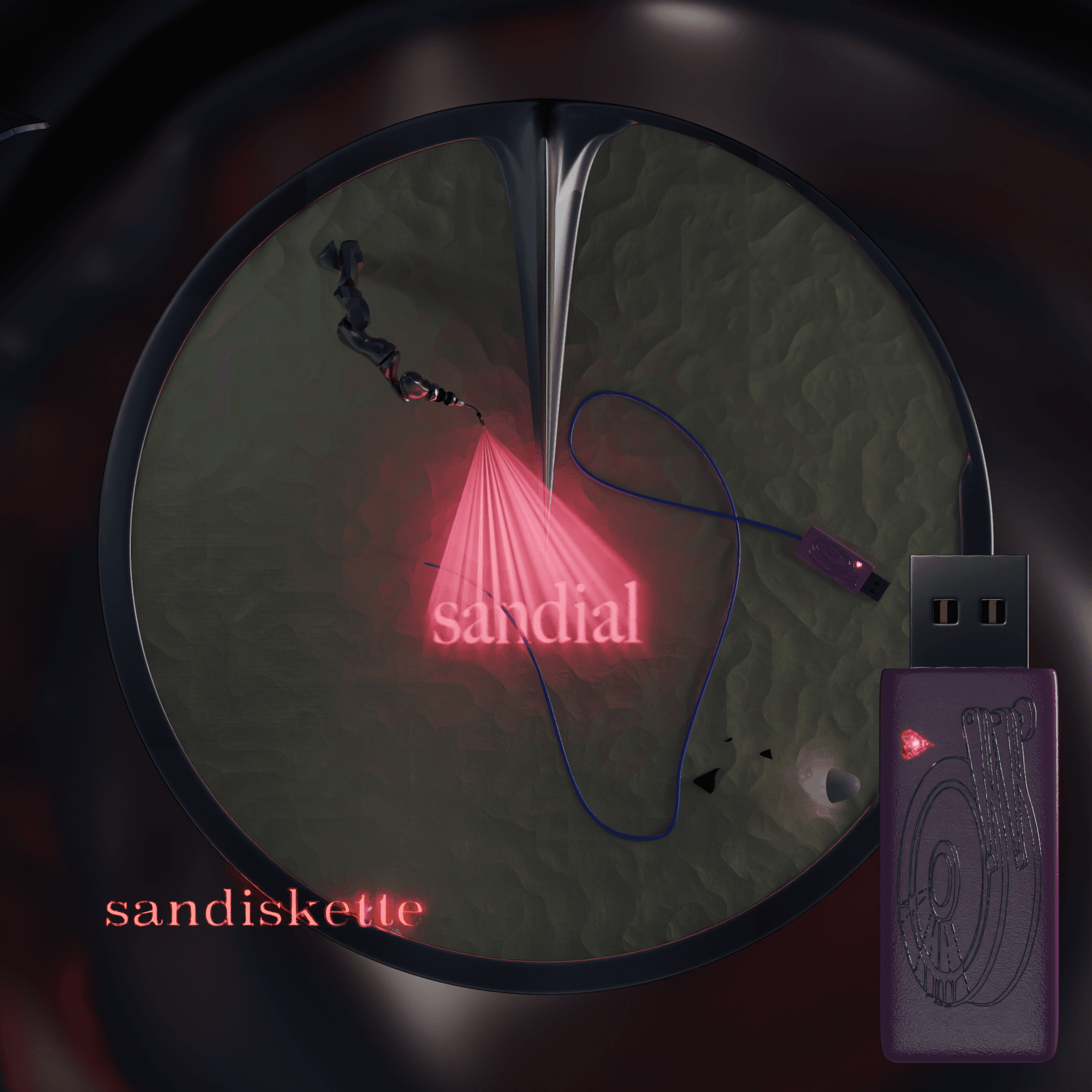 Draft cover for the EP. A 3D rendered 'Sandial' reminiscent of a sundial. Its basin is full of sand which have formed gentle dunes. Scattered in the sand are music and tech related items such as a usb stick, a lamp, a laser.