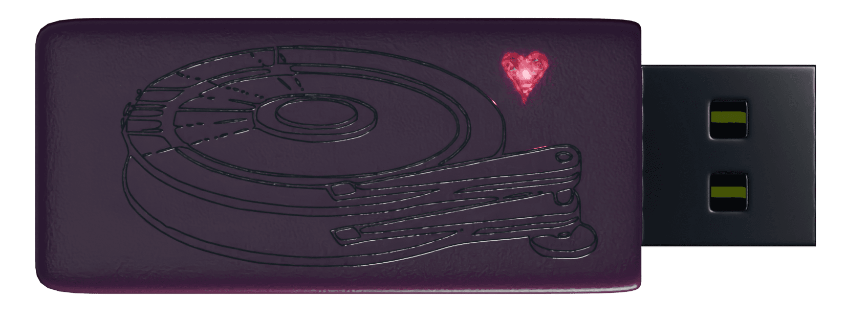 3D rendered USB with the sandiskette logo on it. It has a pink indicator light in the shape of a heart