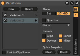 The Variations window showing a couple of saved presets